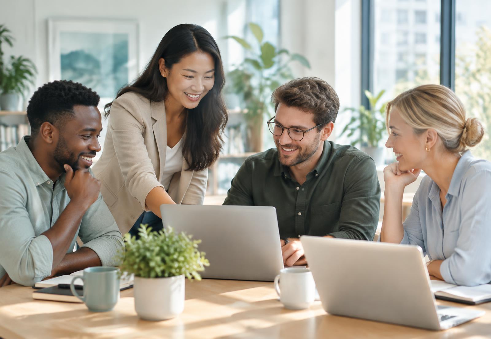 A team reviewing their reward program together in a bright office
