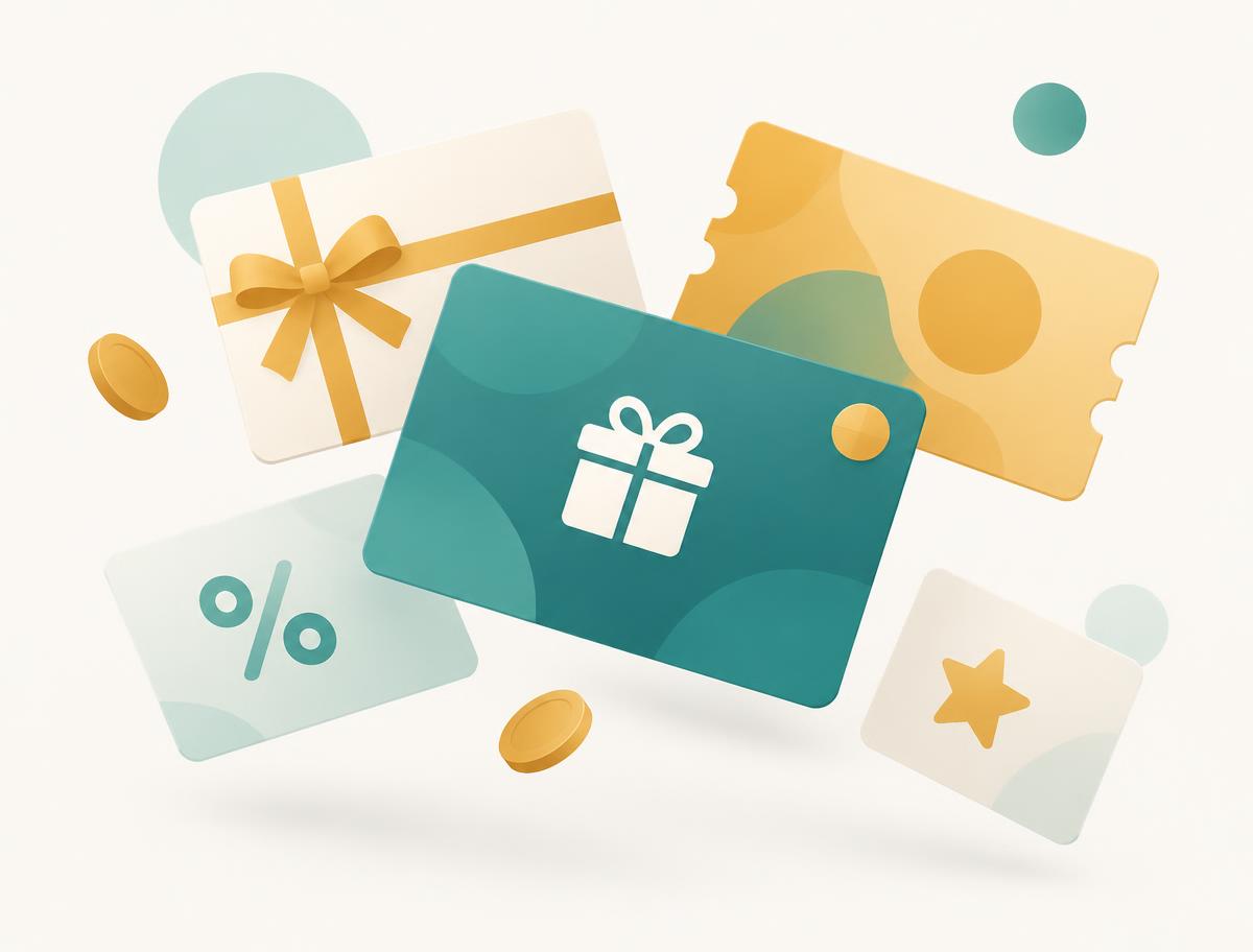 Illustration of gift cards, vouchers and reward coins